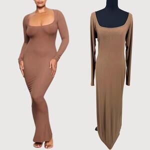 SKIMS Soft Lounge Long Sleeve Maxi Dress XL Wood Brown Bodycon Modal Stretch